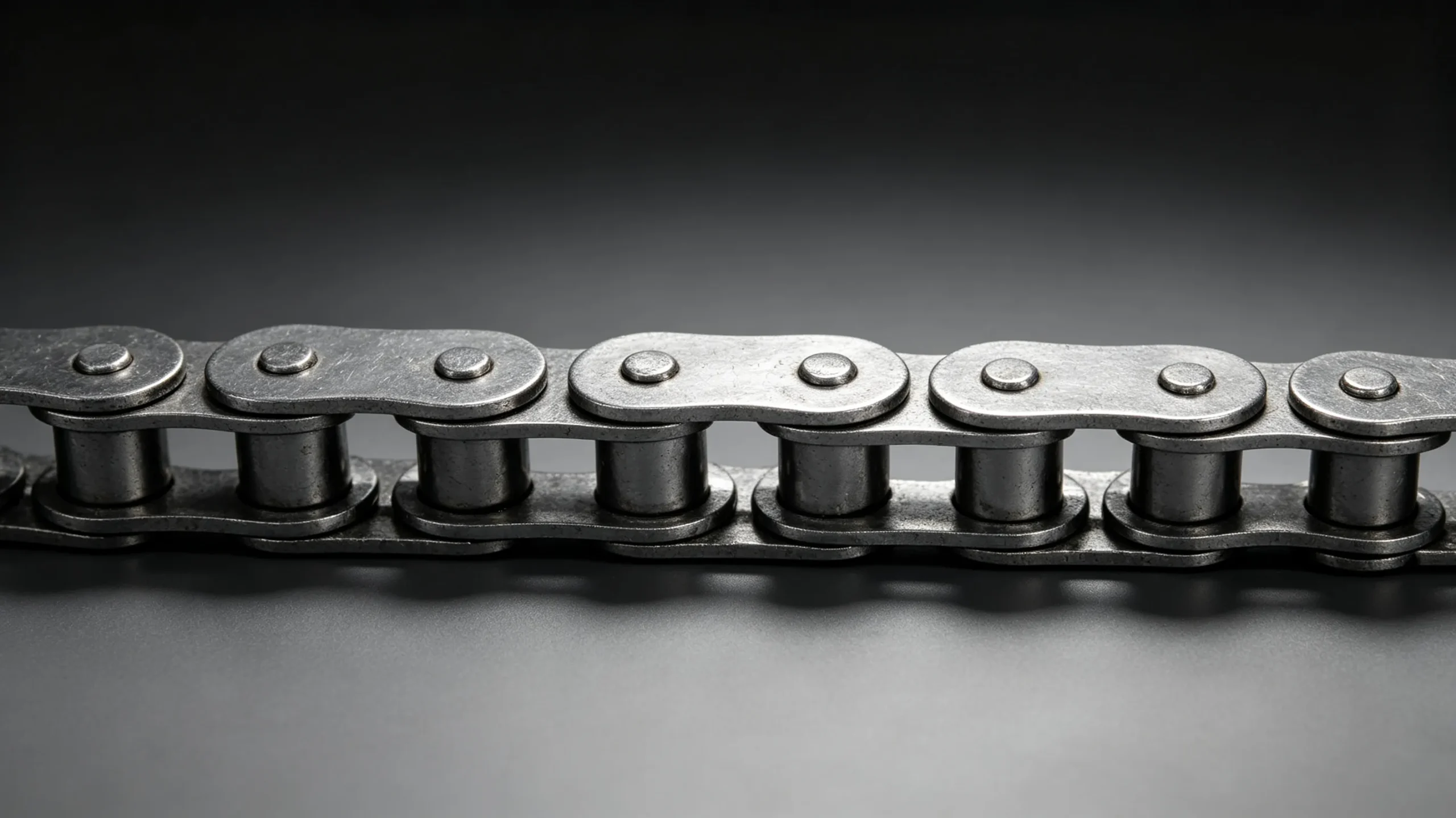 Broken roller chain link plate showing fatigue fracture at pin hole location